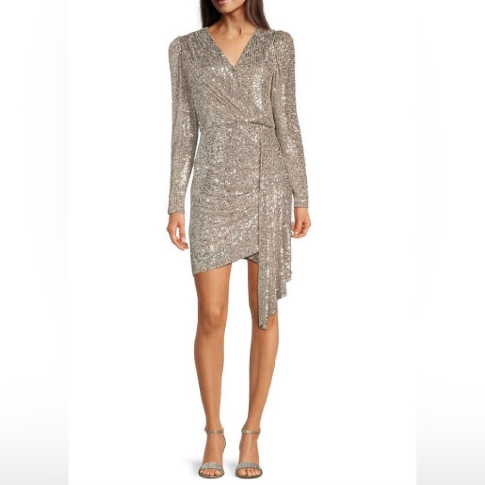 {Alex Marie} Milly Sequin Surplice V-Neck Long Sleeve Gathered Waist Dress